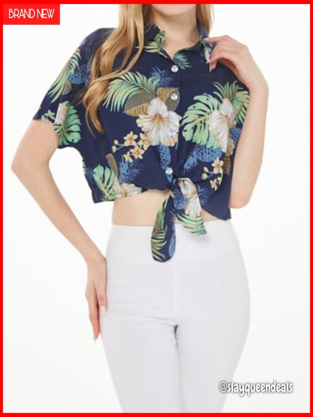 Printed Button Down Crop Top - Short Sleeve Blouse with Tie-Up Front - Picture 4 of 6